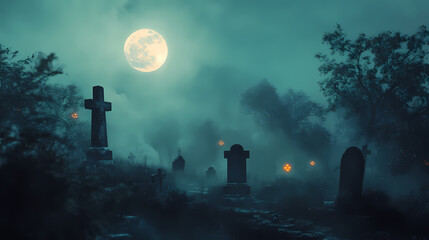 Wall Mural - Spooky graveyard with glowing pumpkins under full moon, perfect for halloween backgrounds. generative ai. Haunting Foggy Cemetery. Illustration