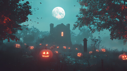 Wall Mural - Spooky graveyard with glowing pumpkins under full moon, perfect for halloween backgrounds. generative ai. Haunting Foggy Cemetery. Illustration