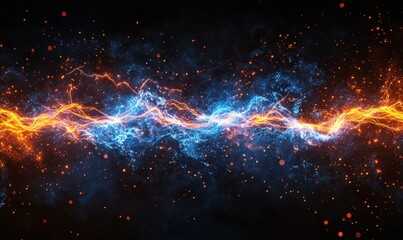 Sticker - Abstract depiction of electric sparks flowing dynamically, glowing blue and orange particles creating a high-energy atmosphere, futuristic design