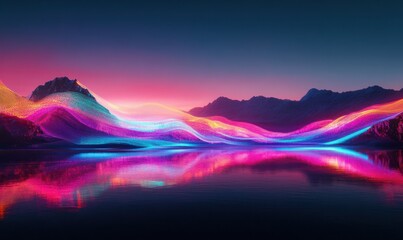 Wall Mural - abstract digital landscape with neon light waves flowing across a dark surface, vibrant pink, blue, 
