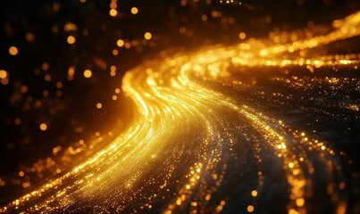 Wall Mural - abstract glowing golden light trails flowing dynamically on a dark background illuminated by dramati