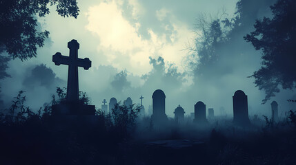 A haunting view of a graveyard shrouded in fog, with tombstones silhouetted against a misty sky. Haunting Foggy Cemetery. Illustration