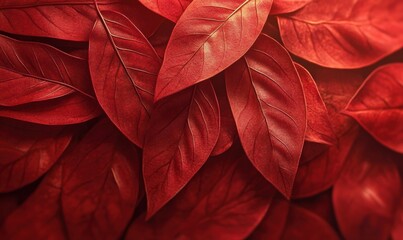 Wall Mural - artistic close-up of bright red autumn leaves with intricate details, softly illuminated to create d