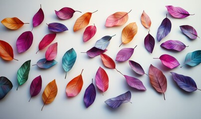 Wall Mural - artistic flat lay of colorful autumn leaves scattered across a clean white surface, vibrant hues and