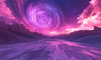 Wall Mural - cosmic landscape glowing softly under a vibrant starry sky, swirling stardust creating soft reflecti