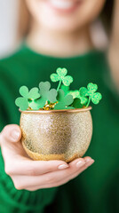 St. patrick's day celebration with shamrocks and gold pot held by a woman