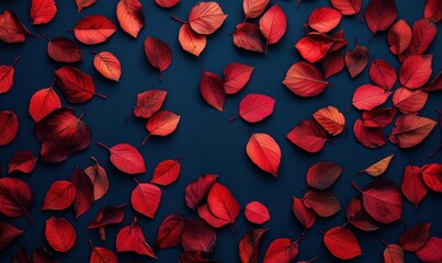 Wall Mural - bold flat-lay of vibrant red autumn leaves scattered on a deep blue background, softly illuminated f