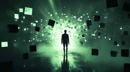 The Enigmatic Voyager: A lone figure stands at the nexus of an abstract, digital realm, the air thick with floating, luminescent cubes and streams of data.
