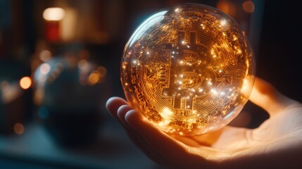 Wall Mural - hand holding illuminated digital bitcoin sphere