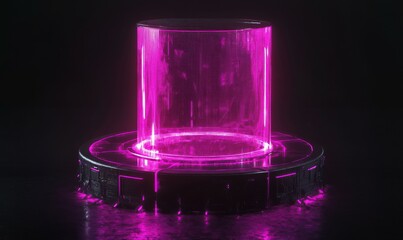 Wall Mural - for game ux design, a hologram podium with a pink neon glow effect set against a black background. a