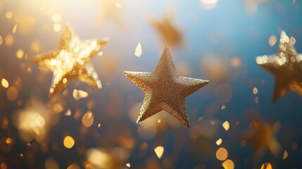 Wall Mural - glittering golden stars float against a dreamy blue background creating a magical atmosphere during 