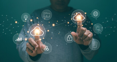 Poster - Cloud computing technology concept. Digital data transfer, Businessman pointing to cloud computing network diagram on virtual screen. File backup storage protection. Online data storage.