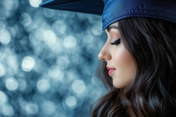 Wall Mural - A young woman in a graduation cap, smiling softly against a blurred blue background.