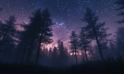 Wall Mural - enchanting starry forest scene with tall silhouetted trees and a glowing night sky filled with radia