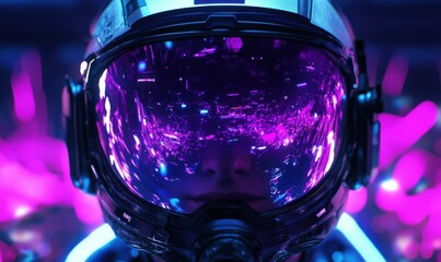 Wall Mural - stylish vr headset user immersed in a futuristic digital world, neon reflections on the visor, sharp