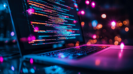 Cyberpunk Code: Laptop display with glowing data and bokeh lights, futuristic technology for website, app development.