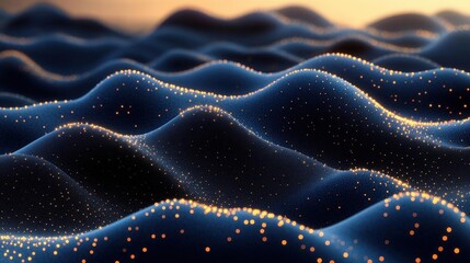 Abstract Three Dimensional Wavy Blue Surface with Golden Particle Accents in Dynamic Rendering