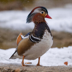 Wall Mural - Portrait colorful Mandarin duck male Aix galericulata winter close-up