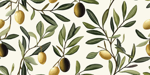seamless vector pattern of green olives and green leaves in repeating motif on beige vintage backgro