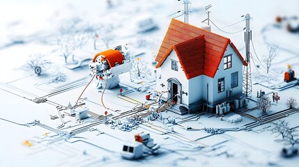 Isometric blueprint diagram showcasing the intricate electrical grid and power line infrastructure of a modern city  This detailed schematic visualizes the complex network of utility cables