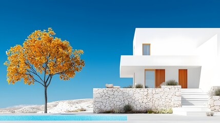 Picturesque modern minimalist house with a flat rooftop garden showcasing vibrant autumn foliage against a clear blue sky  The clean