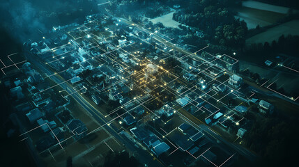 Canvas Print - aerial view of a small town with digital network lines showcasing connectivity and innovation in rur