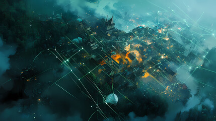 Canvas Print - aerial view of a small town with digital network lines showcasing connectivity and innovation in rur