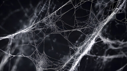 Wall Mural - Delicate white spider webs on a black background, a banner with a copy space area generative ai. Nightmare Realm Overgrowth. Illustration