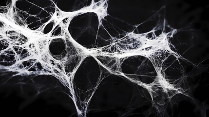 Wall Mural - Delicate white spider webs on a black background, a banner with a copy space area generative ai. Nightmare Realm Overgrowth. Illustration