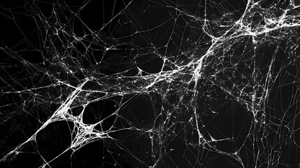 Wall Mural - Delicate white spider webs on a black background, a banner with a copy space area generative ai. Nightmare Realm Overgrowth. Illustration