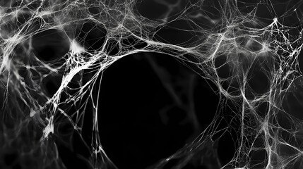 Wall Mural - Delicate white spider webs on a black background, a banner with a copy space area generative ai. Nightmare Realm Overgrowth. Illustration