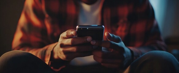Close-up of a young man using a smartphone, holding a mobile phone and typing a message on his cellphone while sitting at home Generative AI