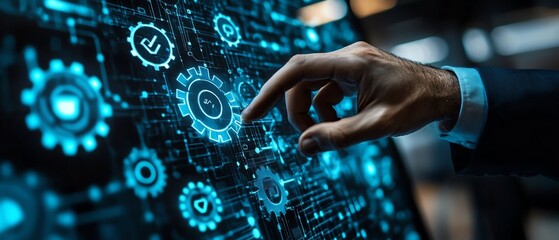Aufkleber - RPA technology in business automation, businessman interacting with gear icons and seamless data integration across applications on a network