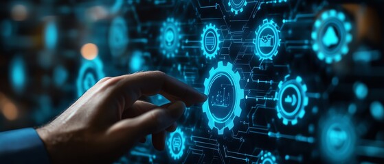 Aufkleber - RPA technology in business automation, businessman interacting with gear icons and seamless data integration across applications on a network