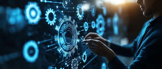 Aufkleber - RPA technology in business automation, businessman interacting with gear icons and seamless data integration across applications on a network