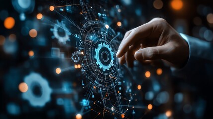 Aufkleber - Automation of business processes with RPA, data flowing between applications, professional businessman touching gear icon on digital interface