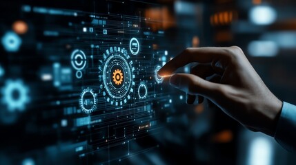Fototapete - Automation of business processes with RPA, data flowing between applications, professional businessman touching gear icon on digital interface