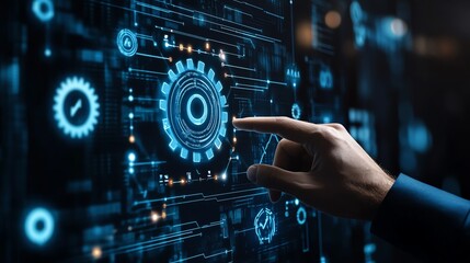Fototapete - Automation of business processes with RPA, data flowing between applications, professional businessman touching gear icon on digital interface
