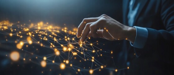 Leinwandbilder - Business automation using RPA technology, digital network connections transferring data, businessman touching gears icon, sleek modern design
