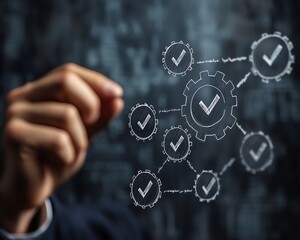 Fototapete - Business process automation technology BPA, businessman interacting with gears and checkmark icons in a digital flowchart, modern business solution