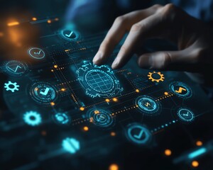 Fototapete - Business process automation BPA flowchart, businessman activating checkmark and gear icons on a streamlined workflow, digital automation concept