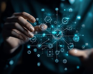 Fototapete - Business process automation BPA workflow, businessman interacting with checkmark and gear icons on a flowchart, digital automation system