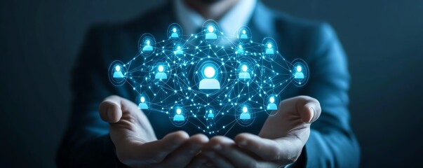 Poster - CRM concept with customer data analytics, businessman interacting with customer icon, digital marketing database system, efficient business management