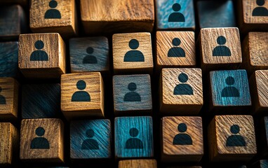Poster - Top view of wooden cubes with people icons, representing business deals and online collaboration, connected through virtual digital networks