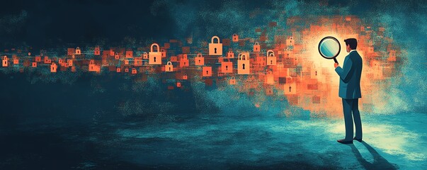 Leinwandbilder - A business professional inspecting padlock icons with a magnifying glass