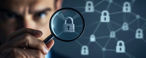 Poster - A conceptual image of a system engineer with a magnifying glass examining padlock icons on a secure business network, reflecting information security technology