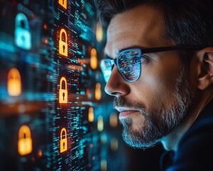 Fototapete - A system engineer analyzing glowing padlock icons on a hightech computer interface, symbolizing the importance of information security and secure networks in business