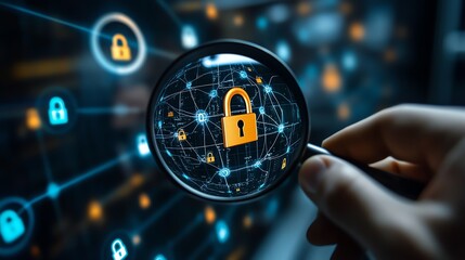 Fototapete - A system engineer inspecting padlock icons on a secure business network interface with a magnifying glass, emphasizing information security technology and network protection