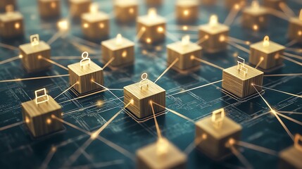 Poster - Birdseye view of many wooden cubes with people icons, depicting a collaborative business network over the internet, with digital lines forming connections