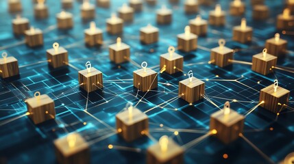 Poster - Birdseye view of many wooden cubes with people icons, depicting a collaborative business network over the internet, with digital lines forming connections